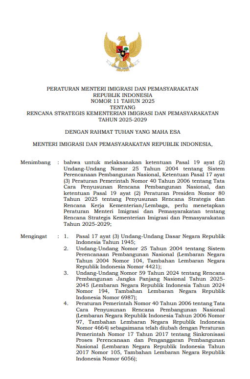 Peraturan Menteri Imigrasi dan Pemasyarakatan Nomor 11 Tahun 2025 tentang Rencana Strategis Kementerian Imigrasi dan Pemasyarakatan Tahun 2025-2029